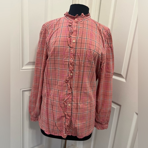 Loft Rose Pink Plaid Ruffle Neck Button Down Long Sleeve Shirt - Picture 5 of 15